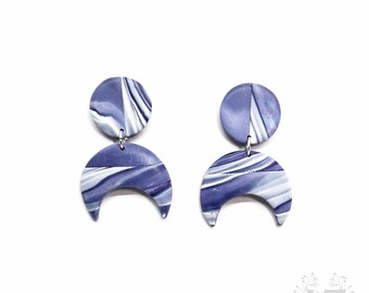 Long handmade blue and white marbled polymer clay earrings, silver-plated findings, unique earrings, designer jewelry, gift for her