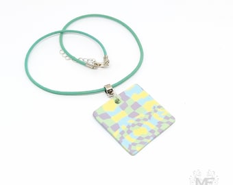 Checkered necklace, handmade, polymer clay square pendant, leather, silver plated, unique jewelry, woman's accessories, trendy gift