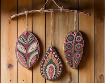 Artistic Ethnic Wall Hanging | One-of-a-Kind Mobile | Handcrafted Burgundy Nature Art | Unique Tribal Wall Décor | Polymer Clay Relief