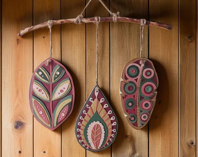 Featured listing image: Artistic Ethnic Wall Hanging | One-of-a-Kind Mobile | Handcrafted Burgundy Nature Art | Unique Tribal Wall Décor | Polymer Clay Relief