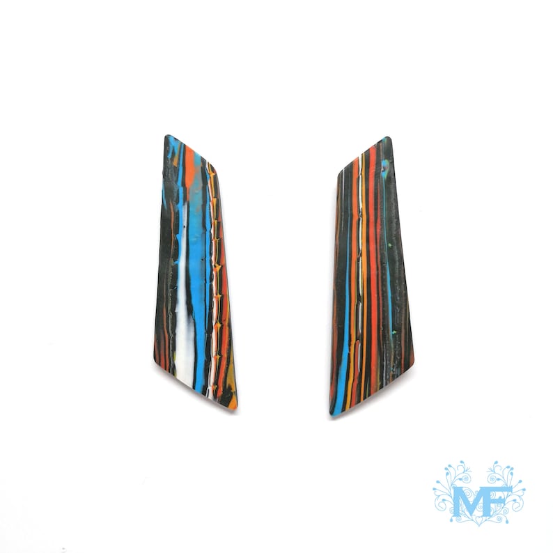 Custom made jewelry designer Long earrings handmade in polymer clay unique earrings black and vivid colors silver-plated