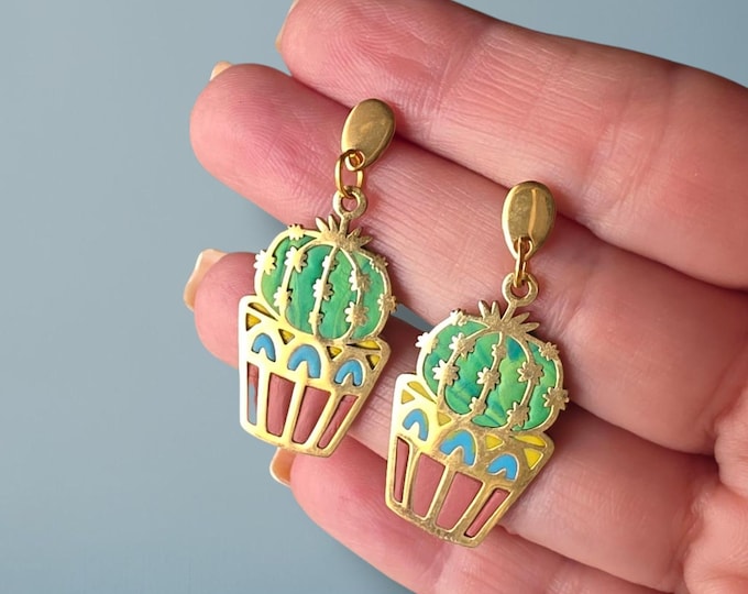 Featured listing image: Polymer Clay Cactus Earrings, Handmade Plant Jewelry, Gold Stainless Steel Dangle Earrings, Green Cactus Earrings, Terracotta Pot