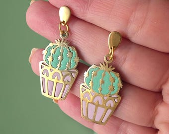 Handmade Cactus Drop Earrings, Mint Green Polymer Clay, Stainless Steel