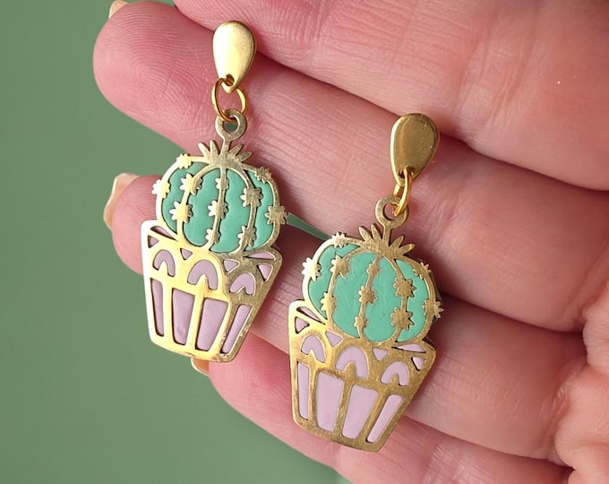 Featured listing image: Cactus Earrings, Polymer Clay Jewelry, Handmade Stainless Steel Drop Earrings, Cute Green Cactus Jewelry, Pink Pot