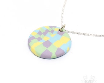 Checkered handmade necklace, silver plated chain, polymer clay, distorted design, designer jewelry, unique necklace, gift for her