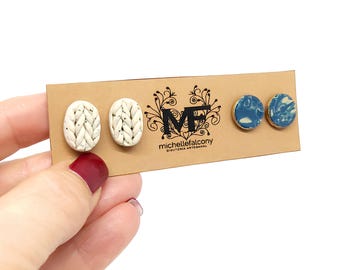Set of beige/blue handmade polymer clay studs, silver/gold plated, woven and marbled, round and oval, jewelry designer, unique gift