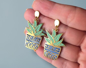 Handmade Succulent Earrings, Polymer Clay Cactus Earrings, Stainless Steel Dangle Jewelry, Green Plant Gift, Blue and White Pot