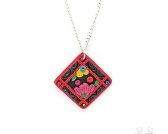Handmade Mexican-inspired pendant, polymer clay, silver plated chain, designer jewelry, unique necklace, gift for her, lightweight