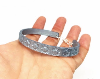 Silver flower textured bracelet, handmade with polymer clay and silver plated findings, adjustable, lightweight, flexible, gift for her