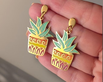 Polymer Clay Succulent Earrings, Handmade Cactus Jewelry, Gold Stainless Steel Dangle Earrings, Green Plant Earrings, Sunset Pot