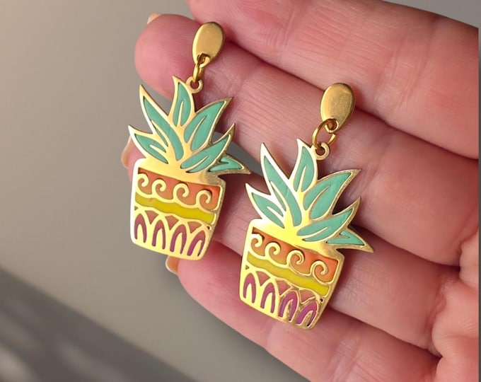 Featured listing image: Polymer Clay Succulent Earrings, Handmade Cactus Jewelry, Gold Stainless Steel Dangle Earrings, Green Plant Earrings, Sunset Pot