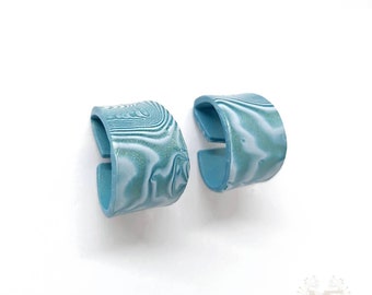 Wide teal marbled hoops, handmade with polymer clay, silver plated posts, lightweight, simple and unique, minimalist designer earrings