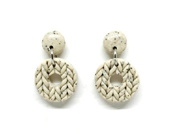 Dunta beige tweed knit polymer clay dangles, handmade, unique earrings, silver plated, designer jewelry, trendy studs, woman's gift