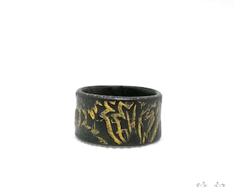 Handmade Black Polymer Clay Ring: Gold Painted Flowers