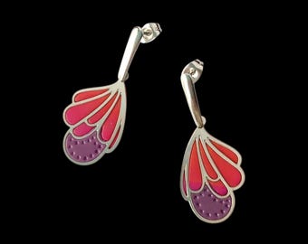 Colorful butterfly wing earrings | orange, fuchsia and purple polymer clay dangles | art deco steel jewelry
