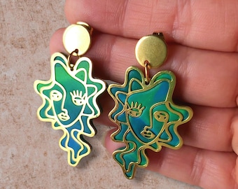 Handmade woman's face earrings | Artistic marbled dangles