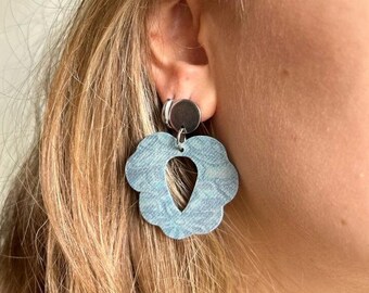 Handmade Floral Polymer Clay Earrings: Iridescent Blue Dangles