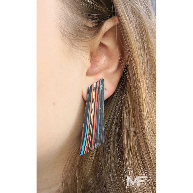 Custom made jewelry designer Long earrings handmade in polymer clay unique earrings black and vivid colors silver-plated