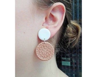 Handmade copper and white earrings, polymer clay, silver-plated findings, designer jewelry, unique earrings, gift for her