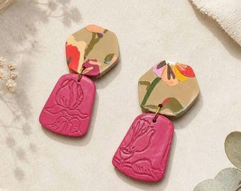 Tulip handmade earrings, fuchsia polymer clay dangles