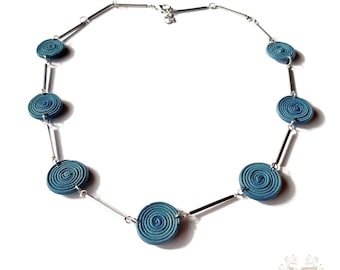 Blue Polymer Clay Necklace: Handmade Reversible Stainless Steel Jewelry