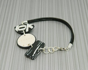 White and black leather bracelet, handmade with polymer clay, silver plated findings, unique ethnic bracelet, designer jewelry, gift for her