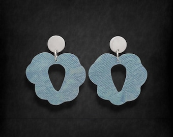 Unique iridescent fabric earrings | Original handcrafted batik dangles | Handmade turquoise tapestry jewel | Artistic faux peacock jewelry