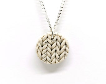 Dunta beige tweed knit polymer clay pendant necklace, handmade and adjustable, unique, silver plated, designer jewelry, trendy jewelry