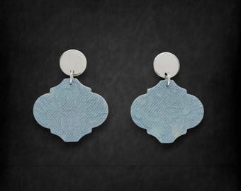 Artistic handcrafted tile earrings | Long faux fabric dangles | Original iridescent batik jewelry | Handmade turquoise tapestry jewel