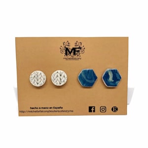 Handmade Polymer Clay Studs: Woven Beige, Marbled Blue