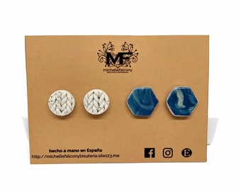 Set of blue and beige handmade polymer clay studs, silver plated, woven and marbled, round and hexagonal, jewelry designer, unique studs