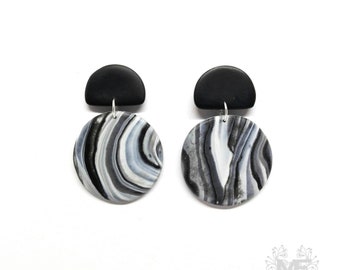 Handmade black and gray marbled polymer clay earrings, silver-plated findings, lightweight, gift for her, designer jewelry, unique earrings