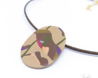 Handmade oval leaf pendant, polymer clay, leather necklace, gold plated, designer jewelry, unique necklace, gift for her, trendy necklace