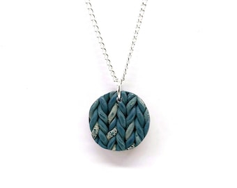 Blue Dunta knit circular pendant necklace, handmade with gradient polymer clay, silver plated, unique designer jewelry, elegant, minimalist