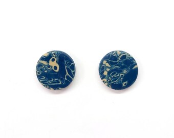 Blue Honua small circular studs, handmade with polymer clay, silver plated, designer jewelry, unique earrings, stylish design, gift for her