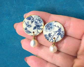 Blue and white floral polymer clay and freshwater pearl earrings