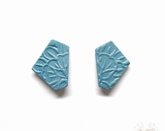 Teal geometric flower studs, handmade with polymer clay, silver plated posts, lightweight, simple and unique, minimalist designer earrings