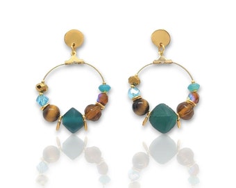 Boho-Chic Glass Bead Earrings | Elegant Tiger's Eye Hoops | Handmade Semi-Precious Earrings |Unique Artisan Statement Dangles