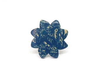 Handmade Blue Polymer Clay Flower Ring - Adjustable Silver Plated Band