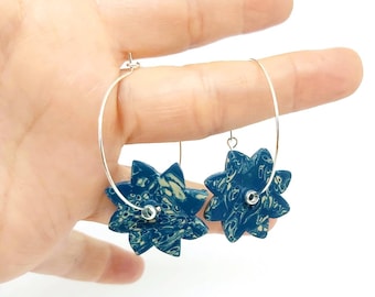 Blue Honua flower hoops, handmade with polymer clay, silver plated hoops, designer jewelry, unique earrings, statement earrings, stylish