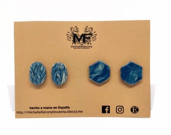 Set of blue handmade polymer clay studs, silver/gold plated, woven and marbled, oval and hexagonal, jewelry designer, unique, perfect gift