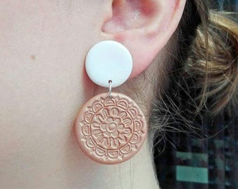 Handmade Copper Polymer Clay Earrings: Textured Circle Design
