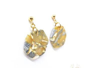 Semi-translucent hexagonal polymer clay earrings, handmade with gold acrylic accents, gold plated, unique earrings, lightweight