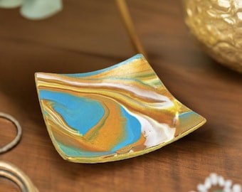 Custom handmade ring dish, unique jewelry organizer, personalized polymer clay plate, colorful trinket dish, engraved marble plate