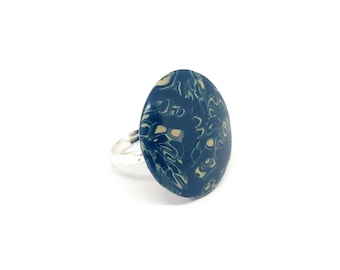 Blue Polymer Clay Ring: Adjustable Silver Plated Statement Jewelry