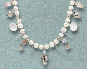 Pearl statement necklace, Silver freshwater pearl necklace, unique pendant necklace, beaded charm necklace, boho chic pearl necklace