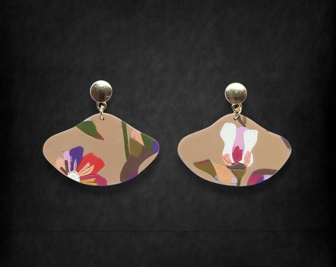 Featured listing image: Flower statement earrings, handmade polymer clay dangles, unique handcrafted earrings, jewelry made in Spain, one-of-kind earrings