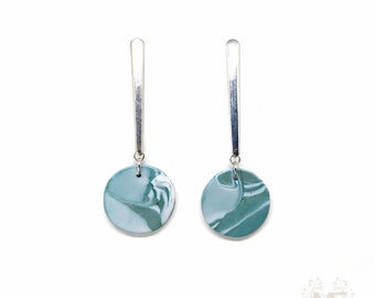 Long metallic teal earrings, handmade with marbled polymer clay and stainless steel, lightweight, simple and unique, designer dangles