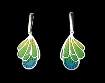 Colorful butterfly wing earrings | Yellow, green and blue polymer clay dangles | Art deco steel jewelry | Fashionable long earrings