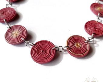 Reversible burgundy bead necklace, polymer clay copper necklace